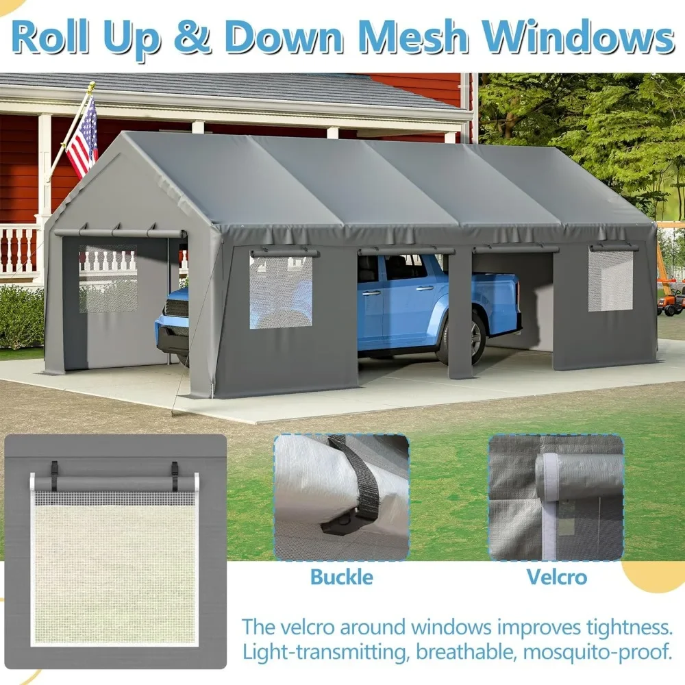 Outdoor Garage 13'x 25' Heavy Duty Car Port Roll-up Sidewall and Ventilated Windows with Removable Sidewalls,Portable