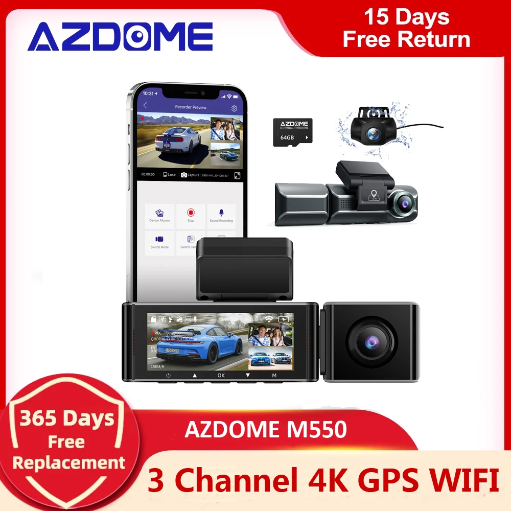 AZDOME M560-3CH Car DVR 3 Channel Dash Cam 4inch Touch Screen 64GB/128GB  eMMC Storage