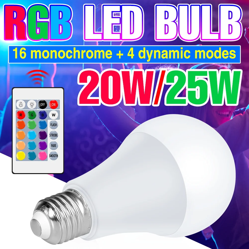 RGB LED Light Bulb E27 Lamp 220V Spotlight With IR Remote Control Dimmable Colorful Bulb 20W 25W For Home Decor LED Chandeliers