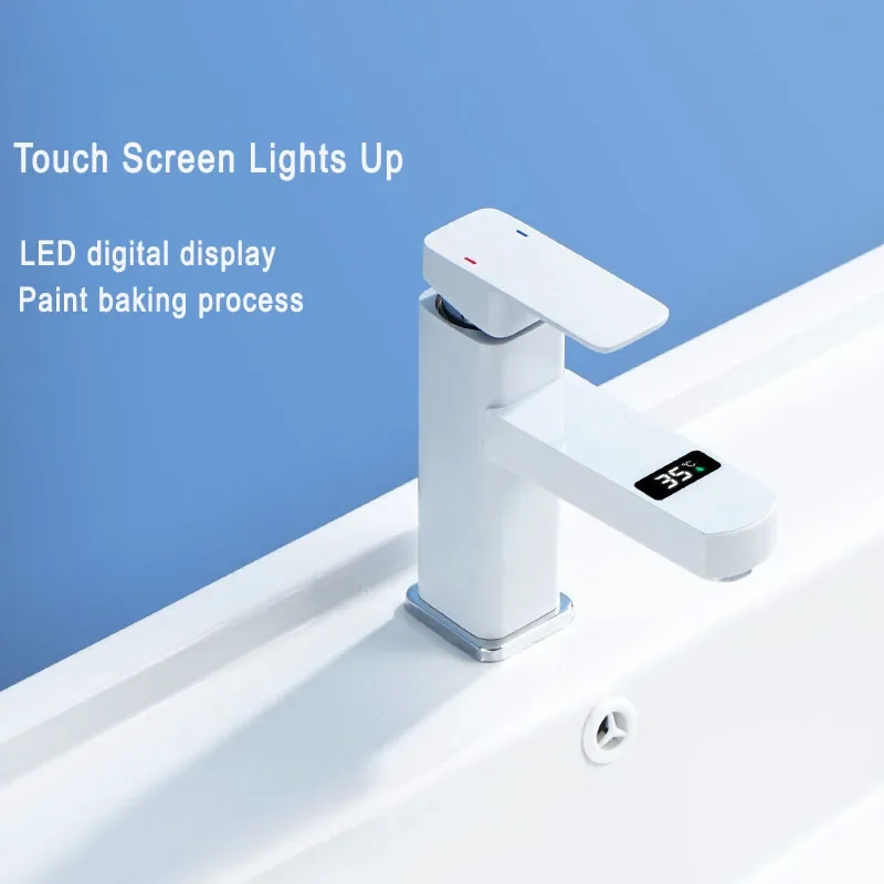 Digital Basin Faucets Smart Bathroom Faucet Shower Room Taps Water Temperature LED Black White Sink Tap Rotating Stainless Steel 1