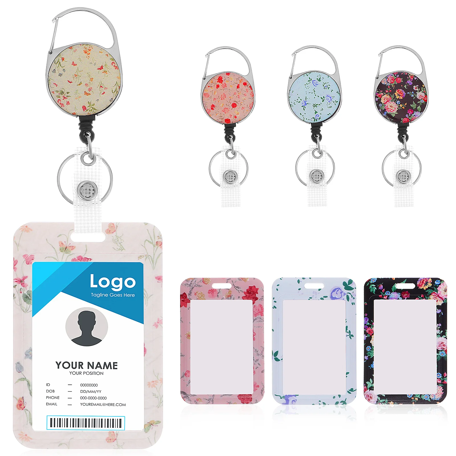 4Pcs Badge Holder Floral Printing ID Card Sleeve with Retractable Reel for Nurse Student Worker