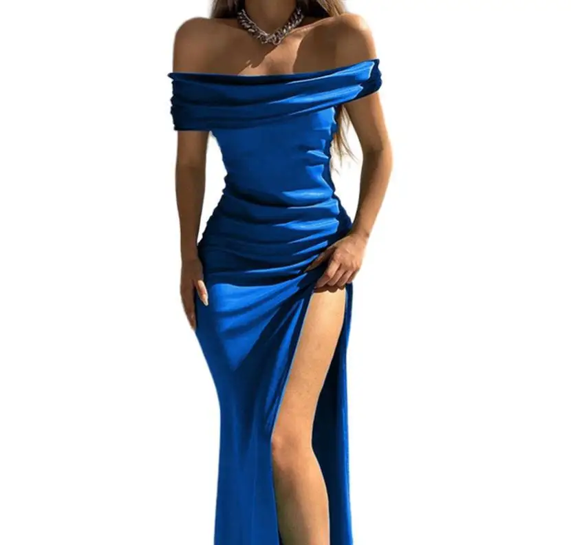 

2024 New Celebrity Bright Face Elastic Fashionable Elegant Fold Solid One Line Neck Sexy Split Long Dress