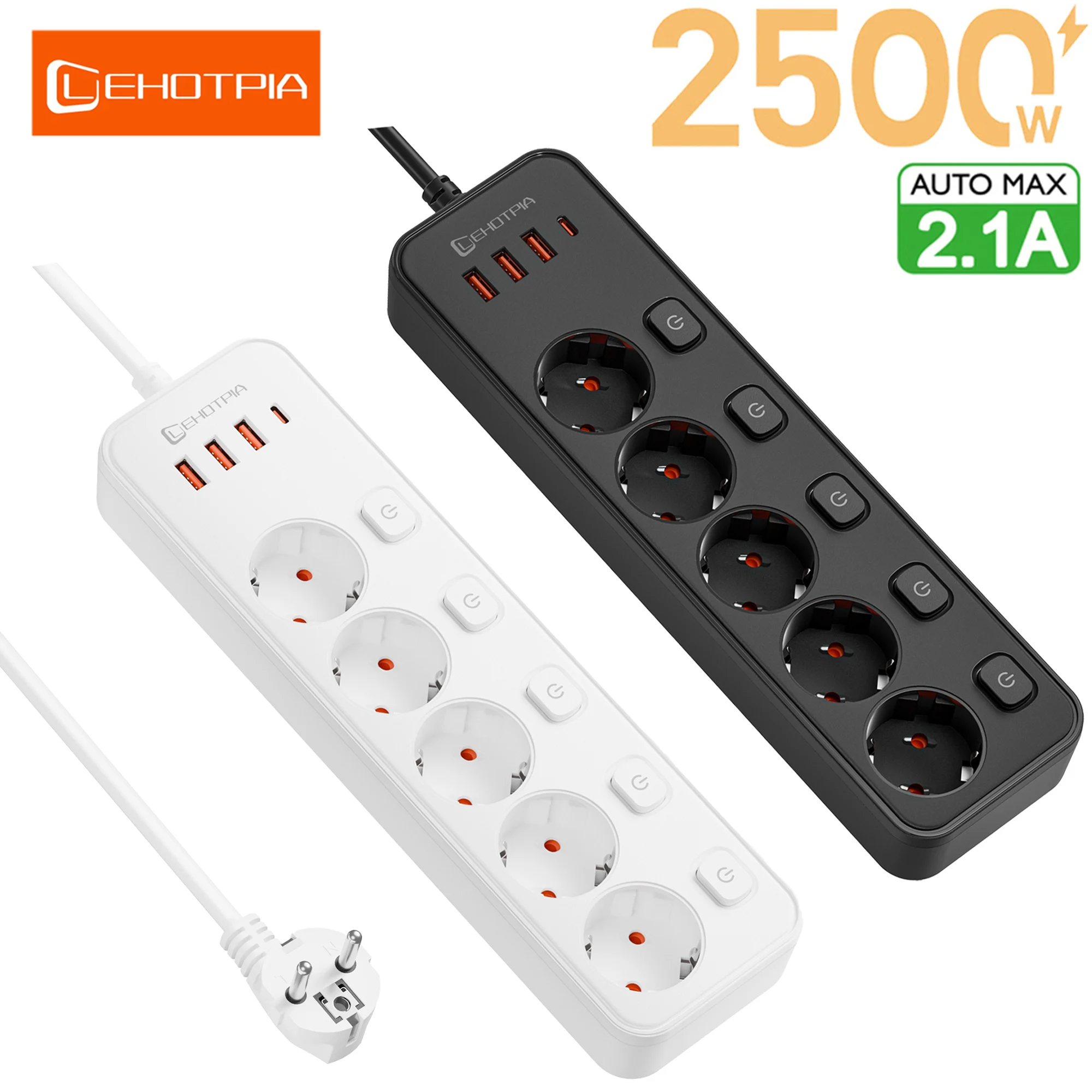 EU Plug AC Power Strip Socket สวิตช์อิสระปลั๊กมาตรฐานยุโรป 1.8m สายไฟต่อ Outlet พร้อมพอร์ต USB C ชาร์จ 1