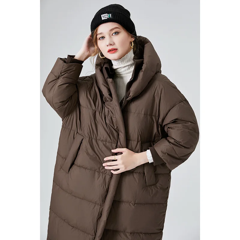 90 white duck down big hairy collar down jacket for men and women couples 2021 new korean loose medium and long hooded jacket Down Jacket Long Knee Length White Duck Down Loose Hooded and Thickened Fashionable Women Jacket