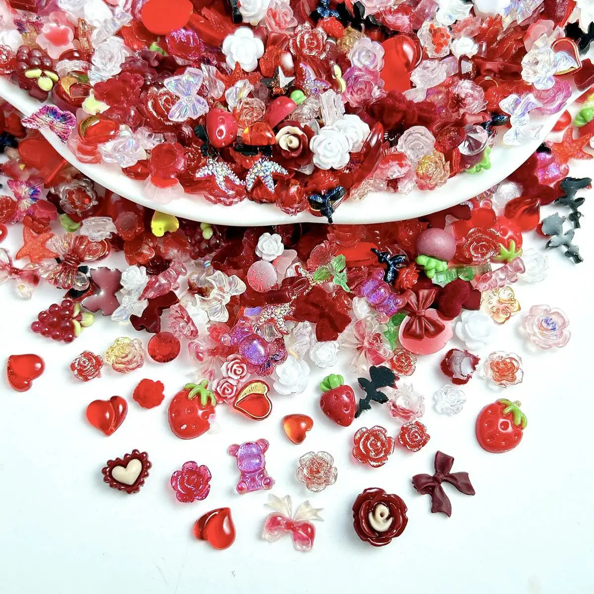 3D 수지 멀티 스타일 레드 딸기 스타 혼합 네일 매력 와인 보우 그라디언트 꽃 네일 아트 장식 용품 DIY 공예품