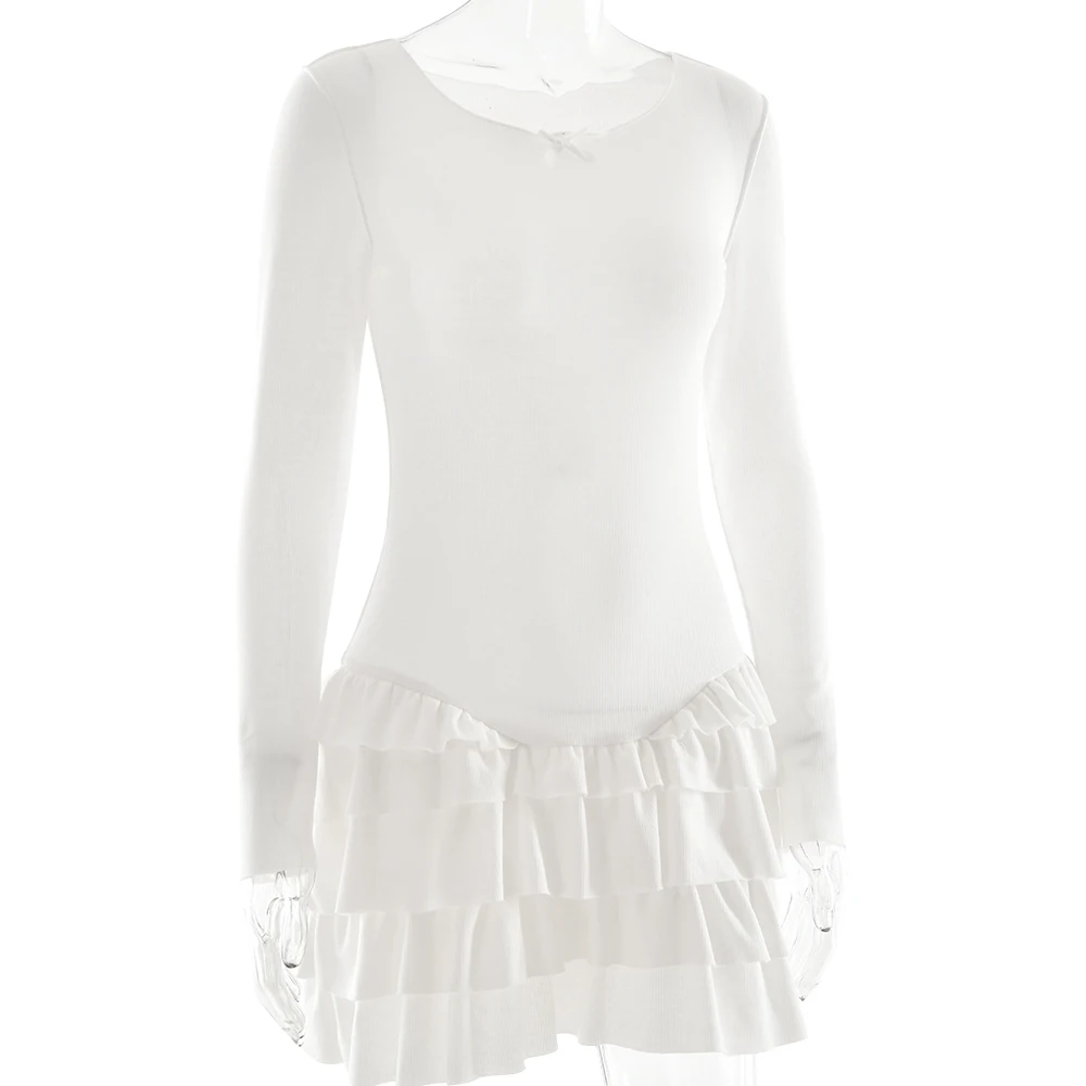 JULISSA MO Ribbed Round Neck Ruffles Women Dress White Long Sleeve High Waist Dress Female Autumn Skinny Elegant Streetwear 2025