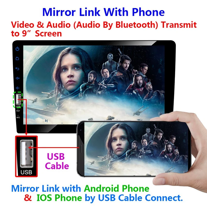 차량용 MP5 플레이어 접촉 화면 FM 라디오, 블루투스 USB AUX, DC12V 1Din, 9 인치, 4X50W