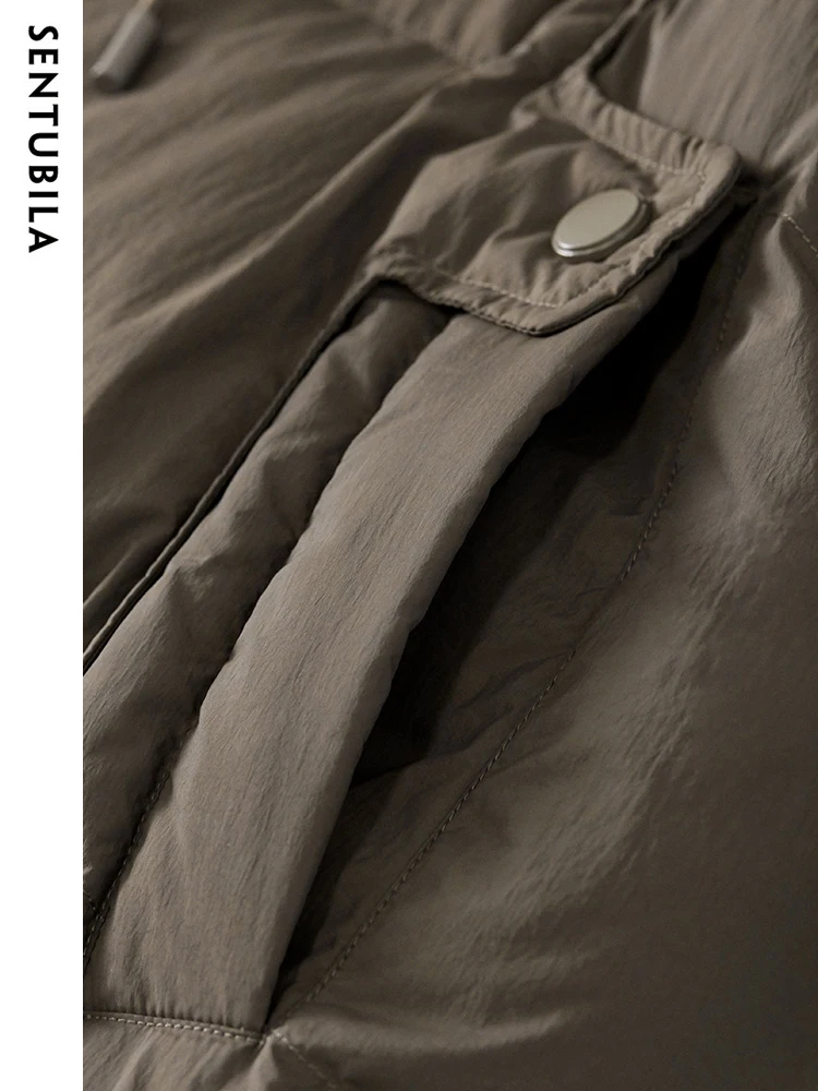 SENTUBILA Women's Hooded White Duck Down Jacket Winter 2023 Fashion Mid Length Down Coat Loose Windproof Warm Outwears W34Y49747