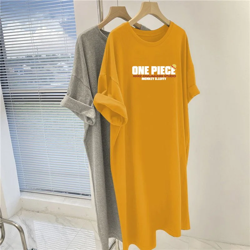 

Summer Cartoon Letter Printed O-neck Dresses, Women Clothing Loose Casual Knee Length Tunic, Vintage Short Sleeve Straight Dress