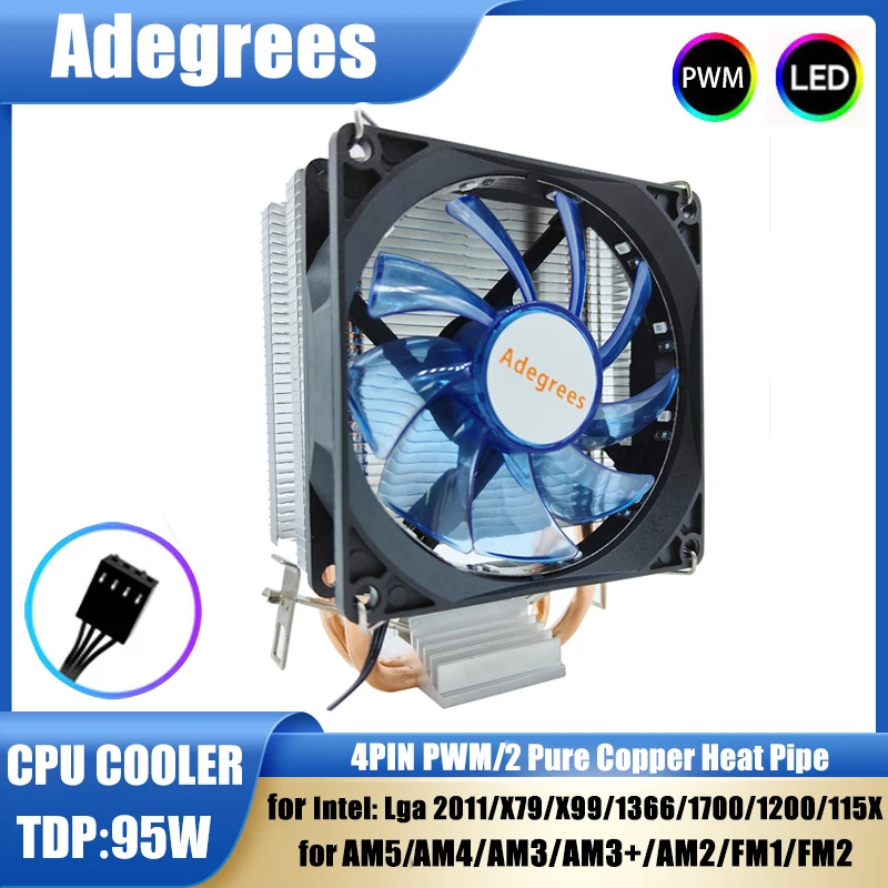 CPU Cooler Pure Copper Heat-pipes 3PIN/4PIN PWM Cooling Fan Blue