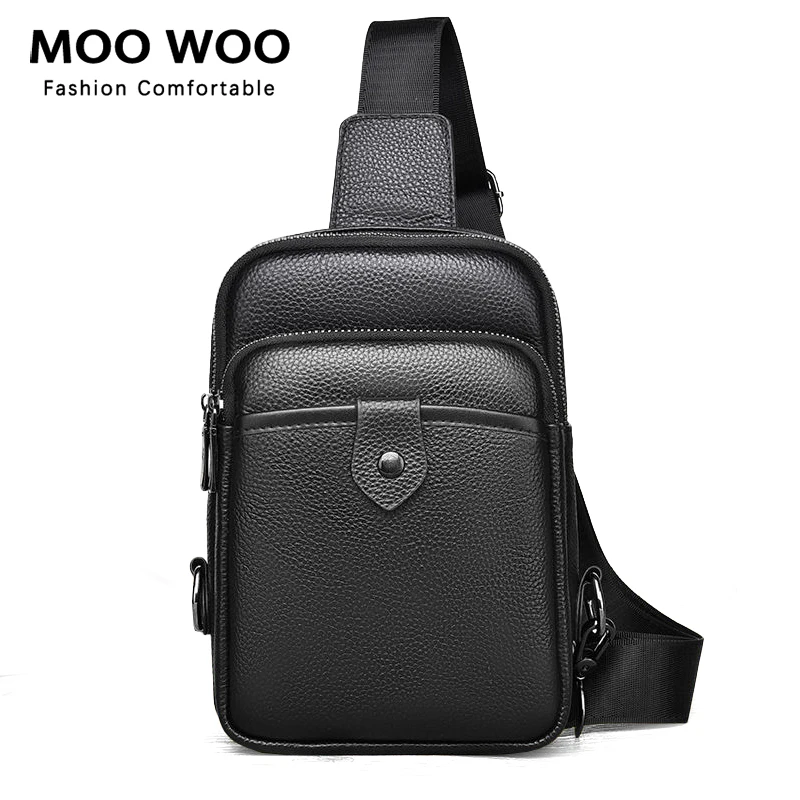 

MOOWOO Genuine Leather Chest Pack For Men Crossbody Bag Chest Bag USB Charging Travel Sling Bags Fashion Messenger Bag Male