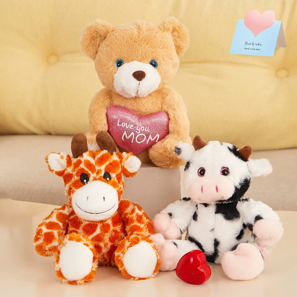 Unicorn Recordable Stuffed Toys Bear Cow Giraffe Tiger Doll PP Cotton Cute Plush Animals for Girls Birthday Gifts Kawaii Pillows