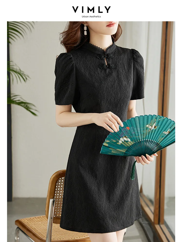 

Vimly Elegant Black Qipao Dresses for Women 2023 Summer Luxury A-line Chinese Style Stand Collar Short Sleeve Solid Mini Dress