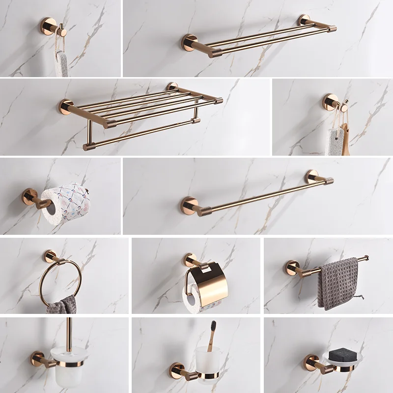 Bright Rose Gold Towel Rack Singel Towel Bar Paper Holder Robe Hook Cup Holder Soap Dish  Toilet Brush Bathroom Accessories