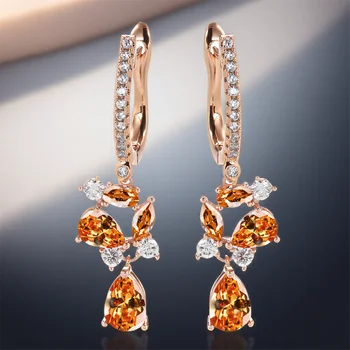Champagne Crystal Water Drop Stone Flower Hoop Earrings For Women Vintage Gold Color Ear Buckle Wedding Birthstone Jewelry Gifts