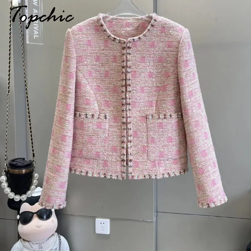 

Autumn Winter Pink Tweed Jacket Coat Women Vintage Woolen Short Coats Korean Fashion Streetwear 2023 Elegant Casual Outwear Top