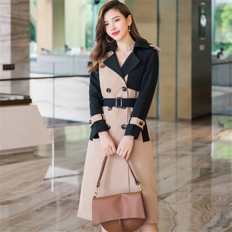 

Тренчкот женский длинный контрастных цветов, модная повседневная свободная двубортная ветровка с поясом в стиле пэчворк, осень