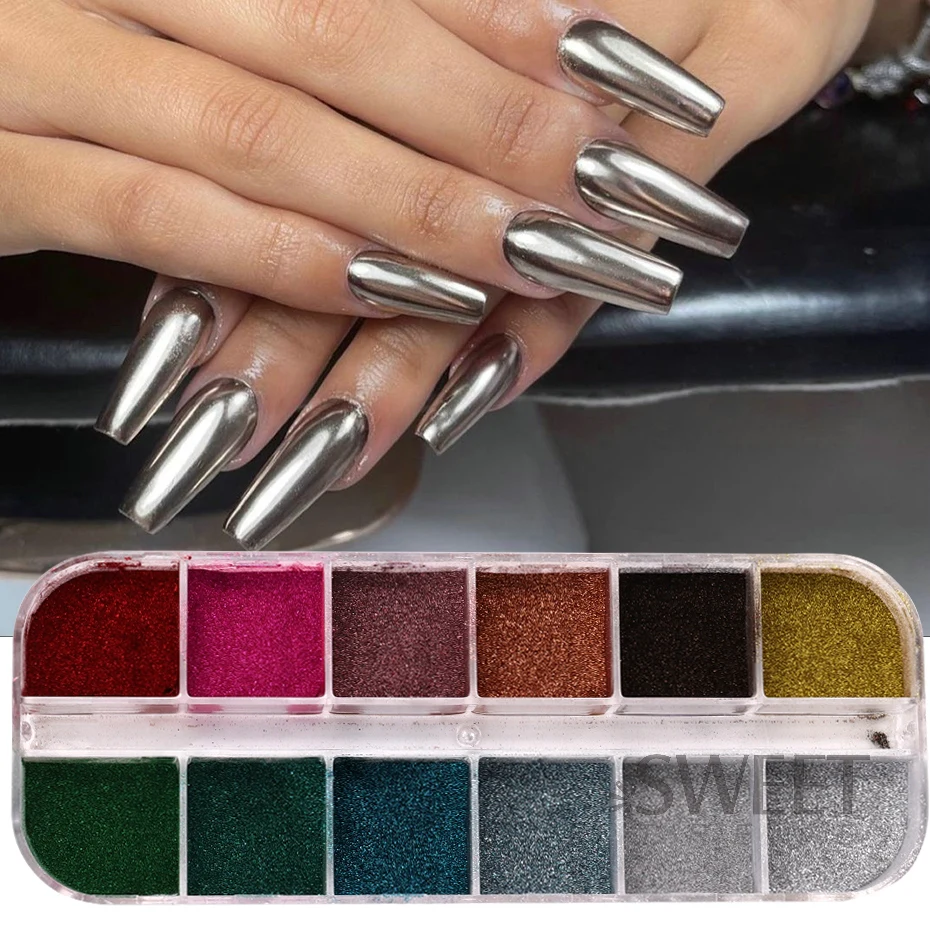 12 siatka zimowa lustro tęczowa brokat do paznokci metalowy efekt Pigment kolorowy drobny pył metaliczny chrom Manicure