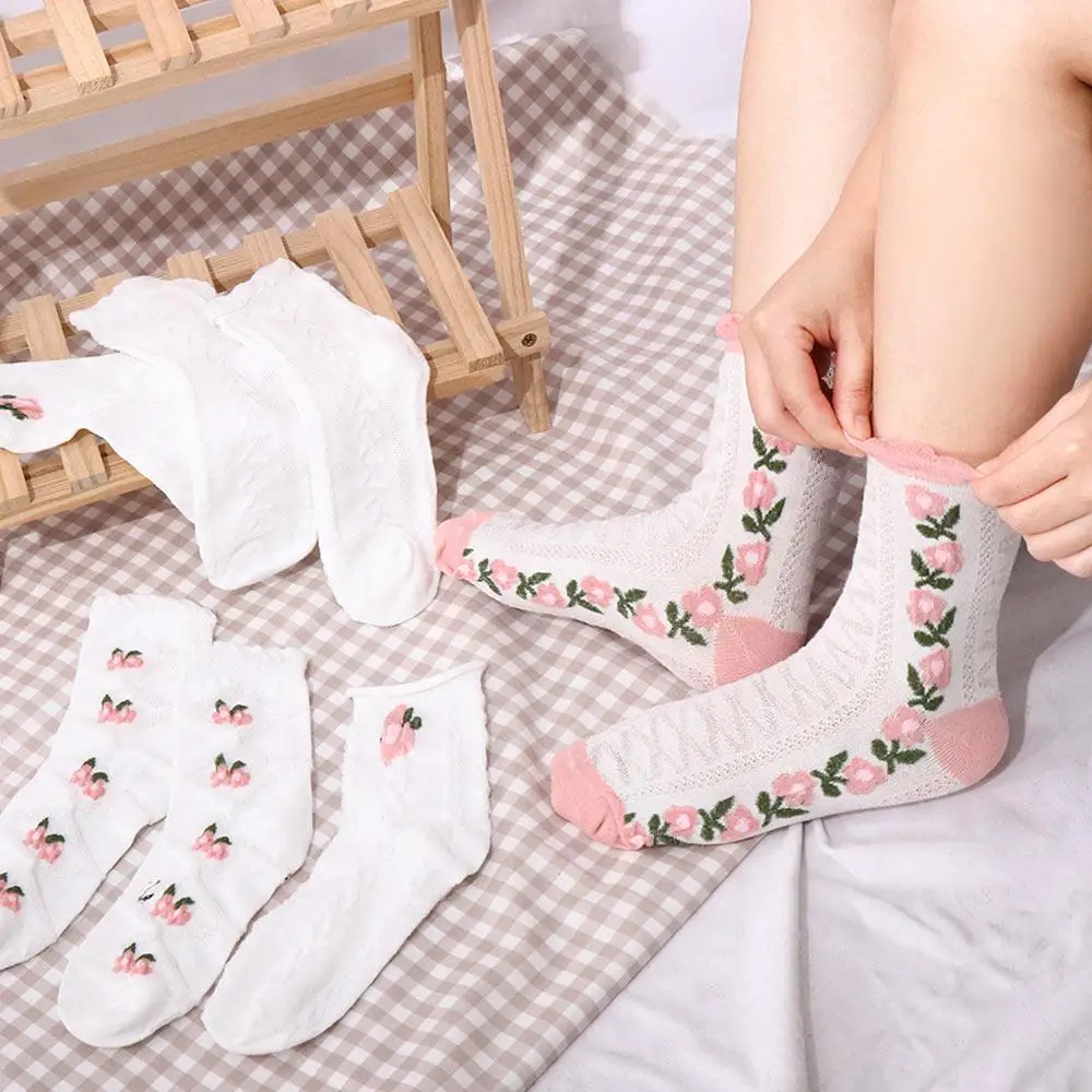 

Summer Soft Elastic Fashion Flower Socks Lattice Dress Matching Middle Tube Hosiery Women Breathable Casual Short Stocking