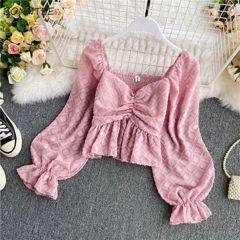 

Blouses Women Spring New Square Collar Folds Cropped Solid Clothing Harajuku Daily Aesthetic Sexy Tops Breathable Tender Mujer