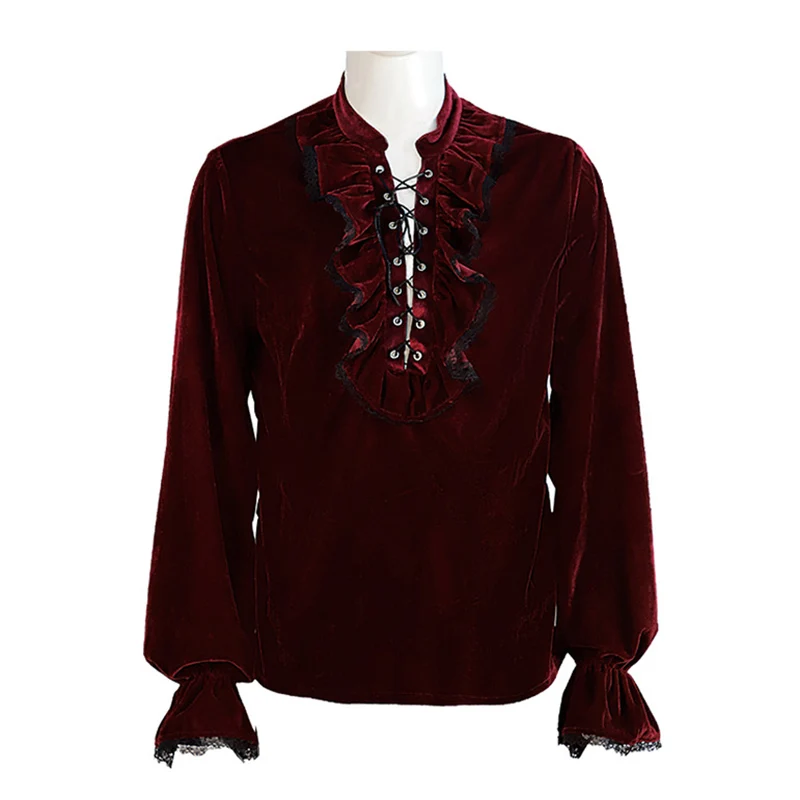 Men's Red Lace Up Ruffle Collar Shirt