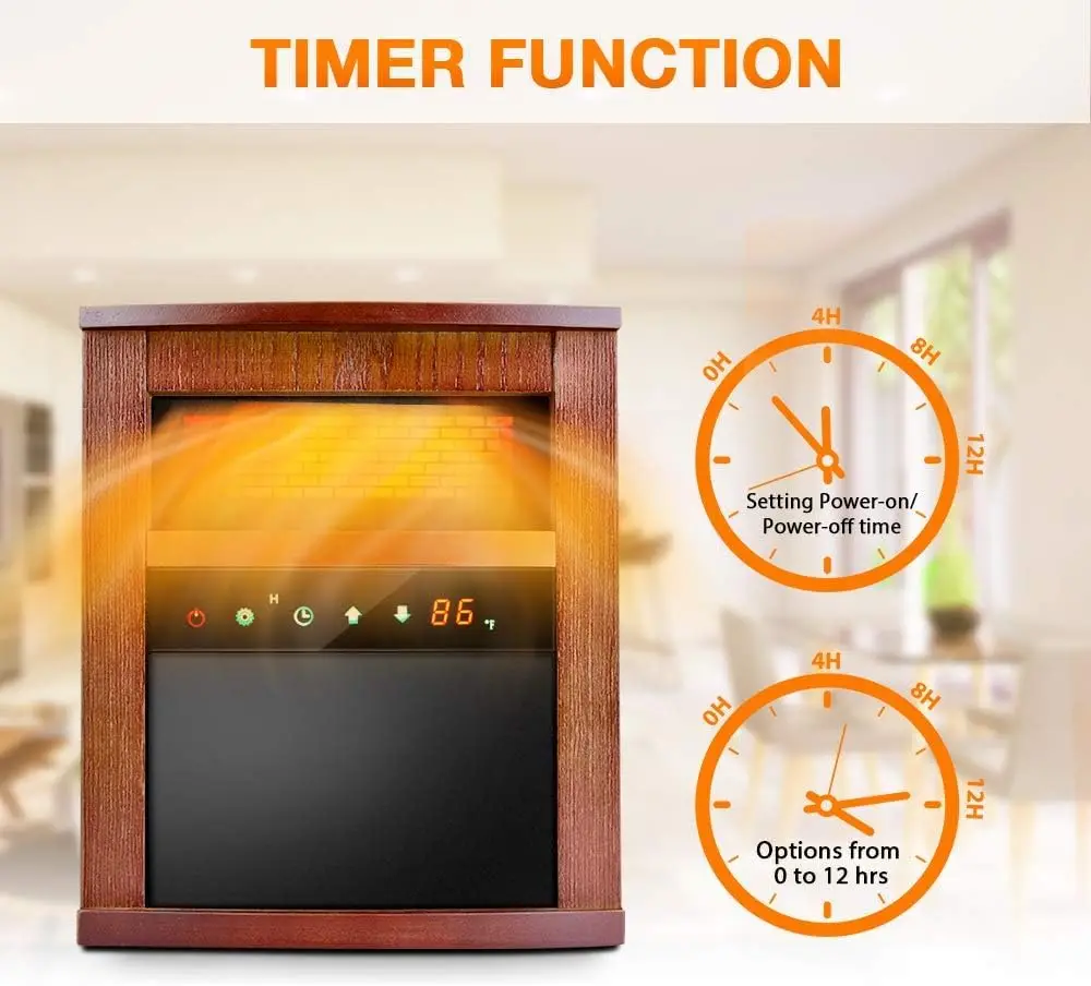 Infrared Space Heater, 1500W Electric Heater for Indoor Use with Remote, 3 Modes, Adjustable Thermostat, 12H Timer, Child Lock