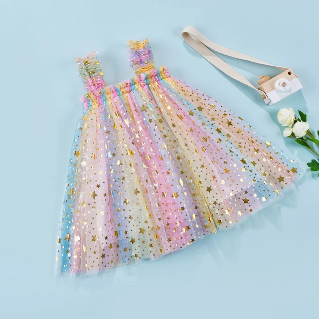 pudcoco 2022 baby girl dress Dress For Girls Sequin Strap Sleeveless Decorative Stars Mesh Princess Dress for Your Little Girl 2
