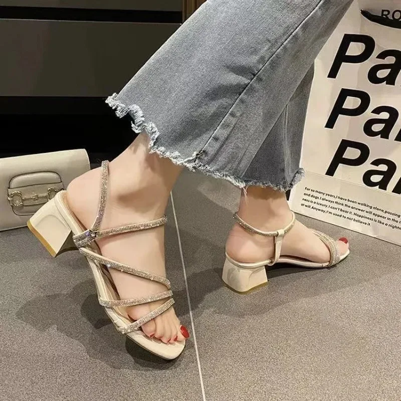 New Women's Square Head Sandals Elegant Dress High Heels Outdoor Fashion Shiny Rhinestone Open Toe Casual Lady's Shoes