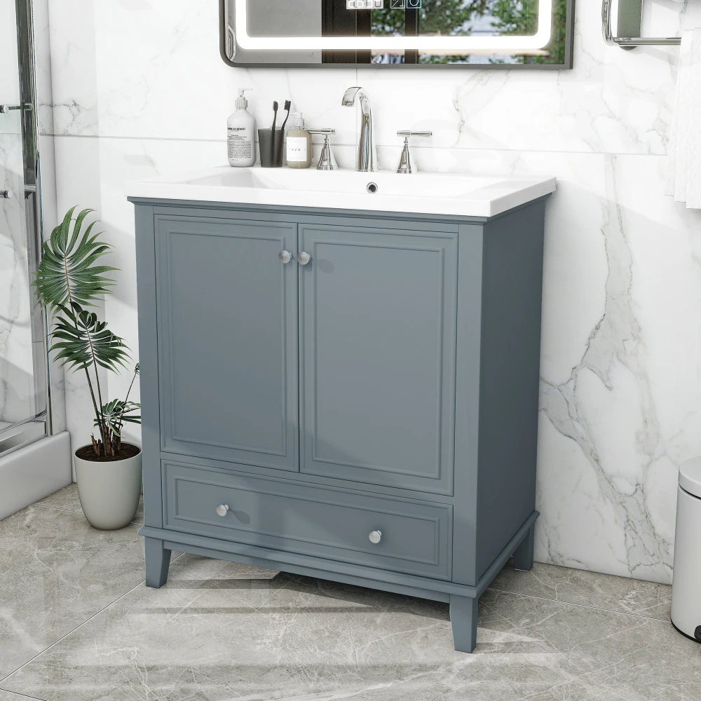 30" Bathroom Vanity with Sink Combo, Multi-functional Bathroom Cabinet with Doors and Drawer, Solid Frame and MDF Board, Blue 3