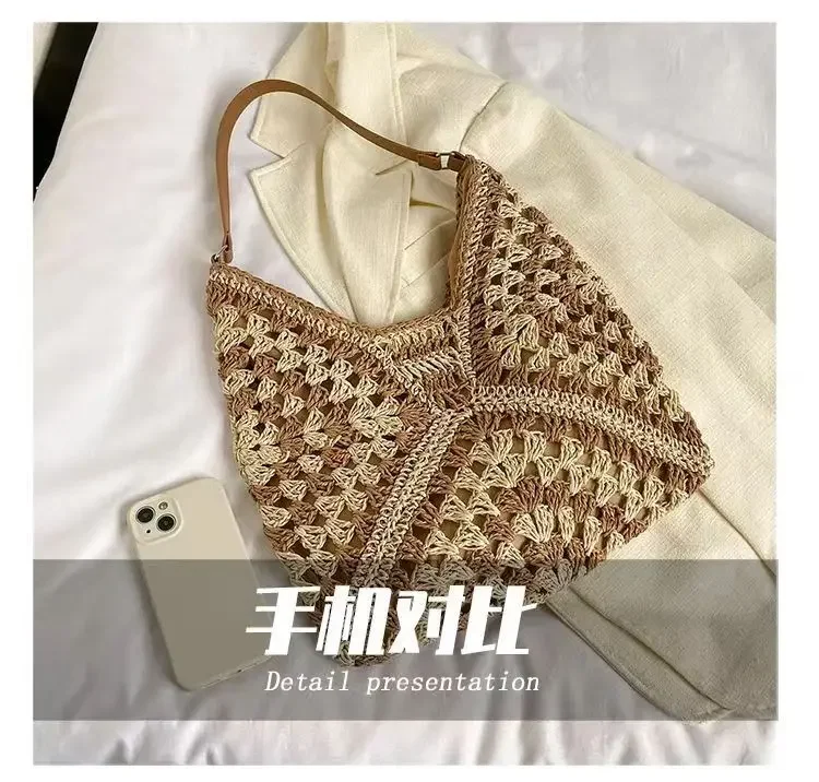 Popular Women's Woven Straw Shoulder Bag Medium Size Handbag with Handle for Beach Vacation Tote Large Capacity Beach Bags