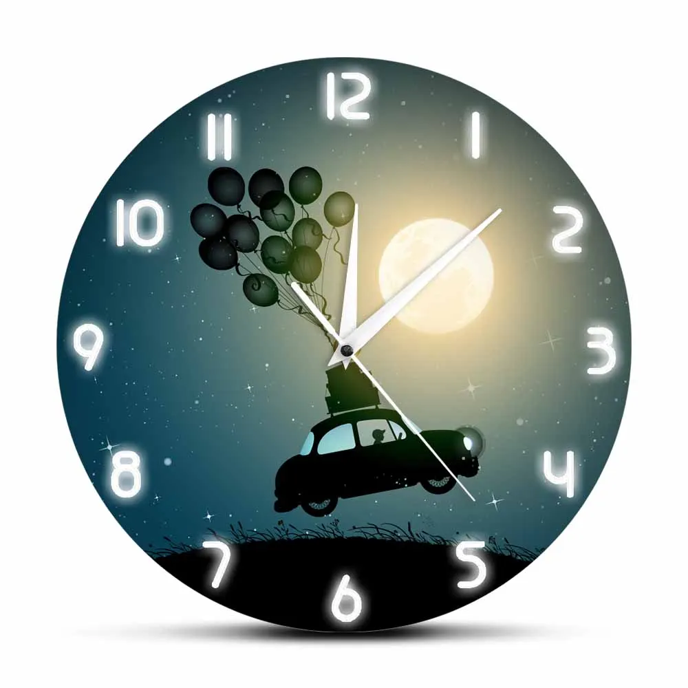 

Retro Car Flying On Ballons Silent Sweep Clock For Nursery Kids Room Driving With Full Moon Decorative Surreal Designer Clock