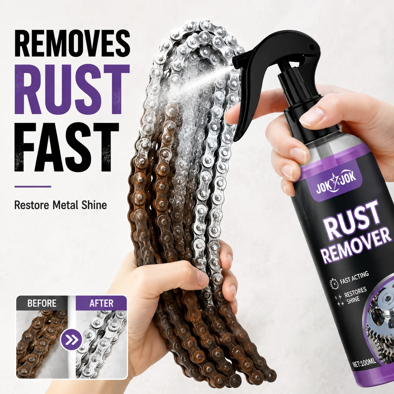 JOKJOK -100ml Automotive Metal Rust Remover Spray - Multi-Functional Chrome Oxide Removal & Repair Paste for Metal Surfaces, Cal