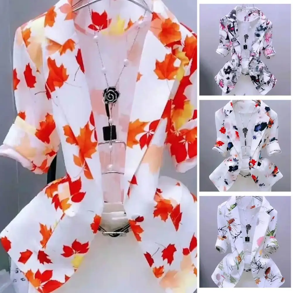 

Chic Women Blazer Regular Length Blazer Coat Turn-Down Collar Simple Maple Leaves Print Thin Suit Coat Breathable