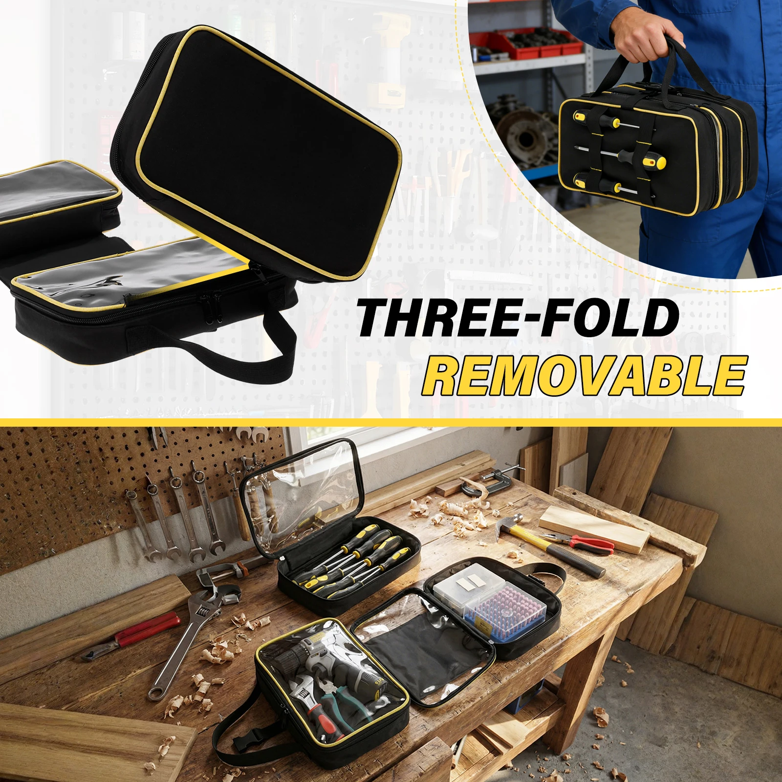 삼단 접이식 공구 롤백 600D 옥스포드 방수 롤업 공구 가방 (3개의 투명 창 케이스 포함) 헤비 듀티 작업용 공구 정리함