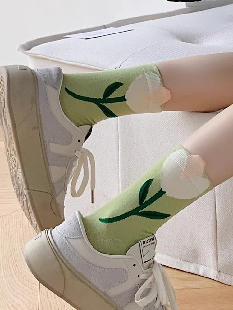 

Japanese Style Women Candy Color Flower Mid Tube Socks Casual Girls Frilly Ruffle Cute Breathable Cotton Lolita Crew Socks 1pair