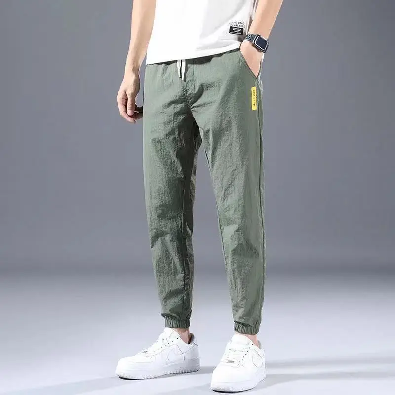 

Summer New 2024 Ice Shreds Bound Feet Men Solid Color Pants Loose Casual Comfortable Elastic Waist All-match Nine Point Pants