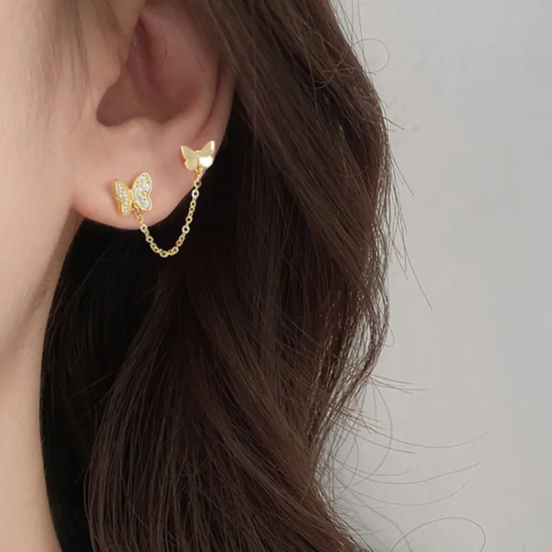 Silver Color Butterfly Zircon Double Ear Hole Stud Earrings for Women Fashion Statement Ear Party Jewelry Gifts