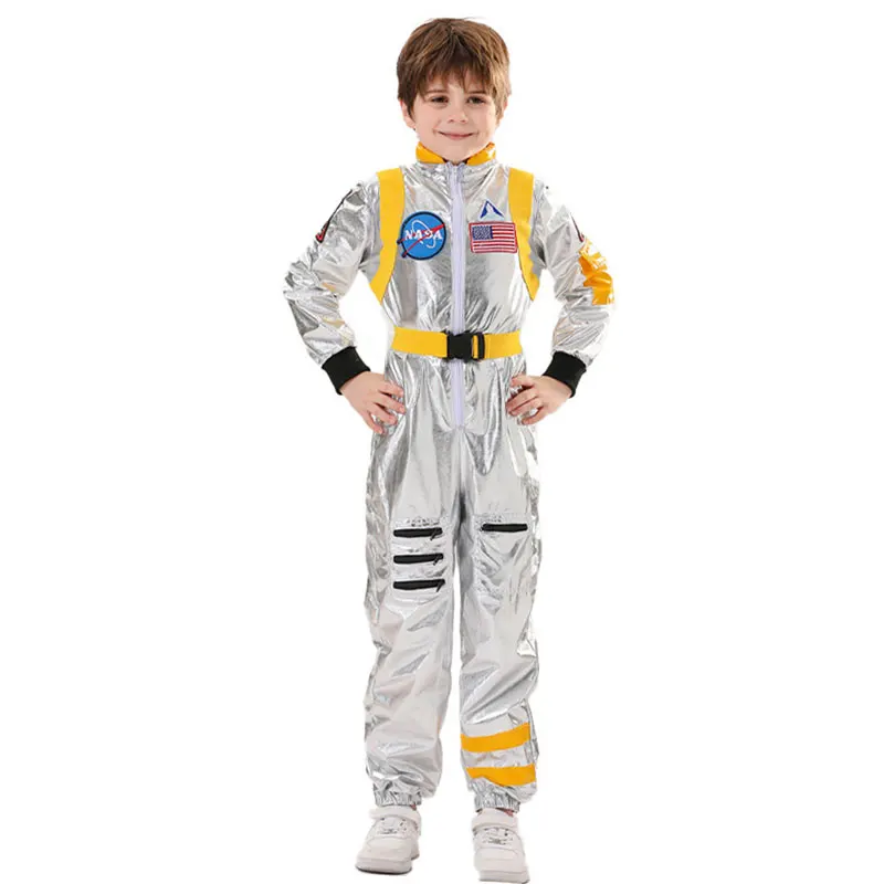 Kids Cosplay Costume Astronaut Silver Jumpsuit Space Themed Party Dress Up for Boys and Girls