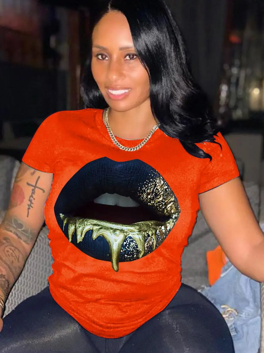 Plus Size Round Neck Lip Print T-shirt Women's Sexy Short-Sleeved Basic White T-shirt