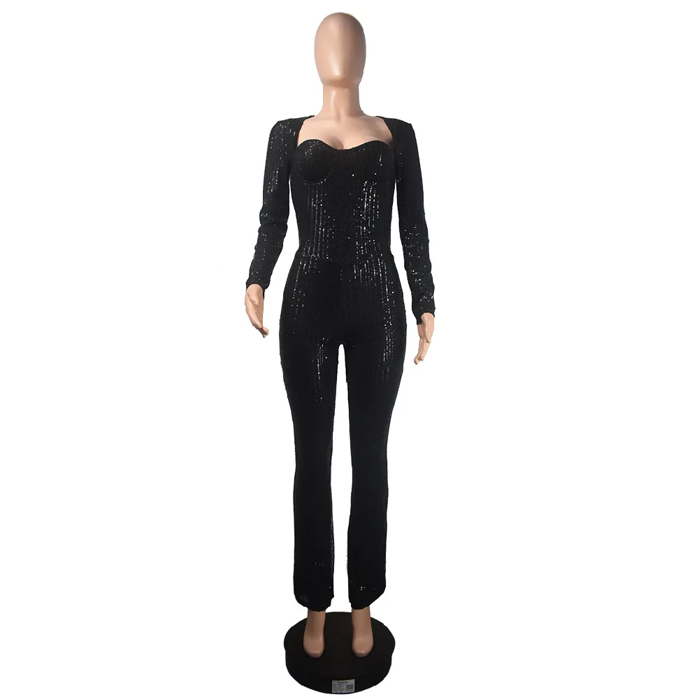 2023 New Arrival Famous Brand Jumpsuits Solid Square Neck Long Sleeve Sexy Party Club Rompers