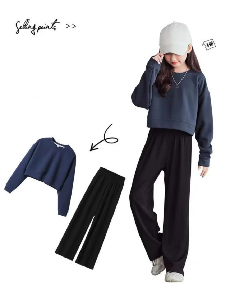 

Spring Autumn Girls Cotton Plain Crop Navy Sweatshirt+Black Loose Pant School Kid Tracksuit Child Outfit 2PCS Workout Set 5-16Yr