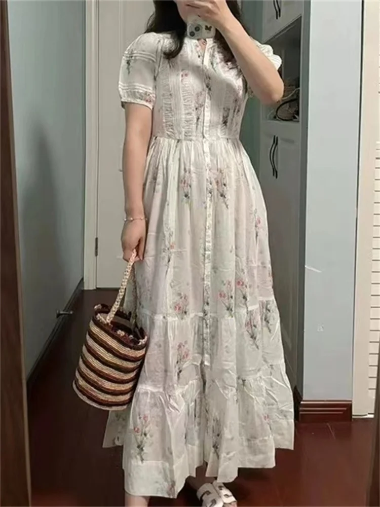 

Женское плиссированное платье, милое платье в пасторальном стиле с пышными рукавами и цветочным принтом, однобортное платье с воротником-стойкой, Новинка лета 2024