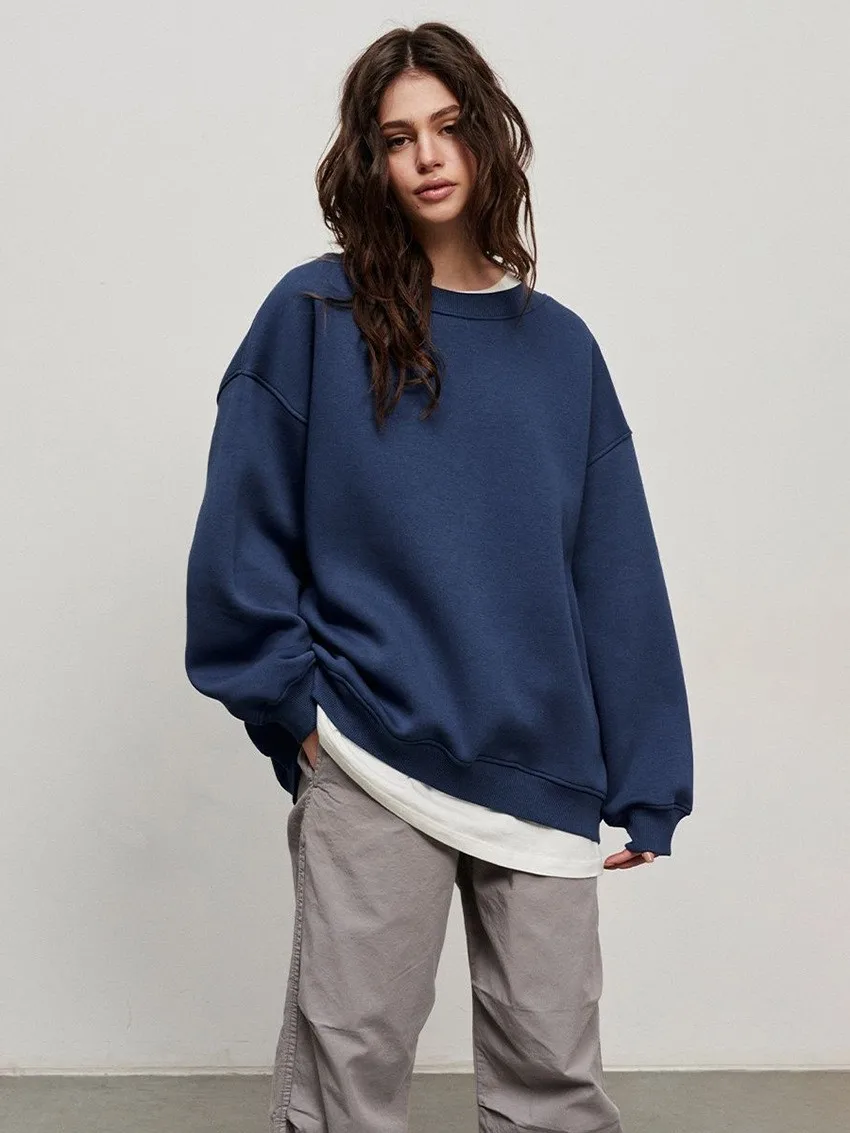Round Neck Pullover Hoodie Mid Length Alternative Street with Loose Fit Single Regular Thickness Streetwear Women Sweatshirts