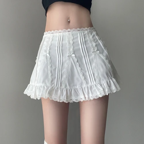 IAMHOTTY 로리타 스타일 레이스 패치워크 보우, 귀여운 A라인 미니 스커트, 페어리코어 미학적 반바지 스커트, 프레피 스타일, 카와이 코케트 2
