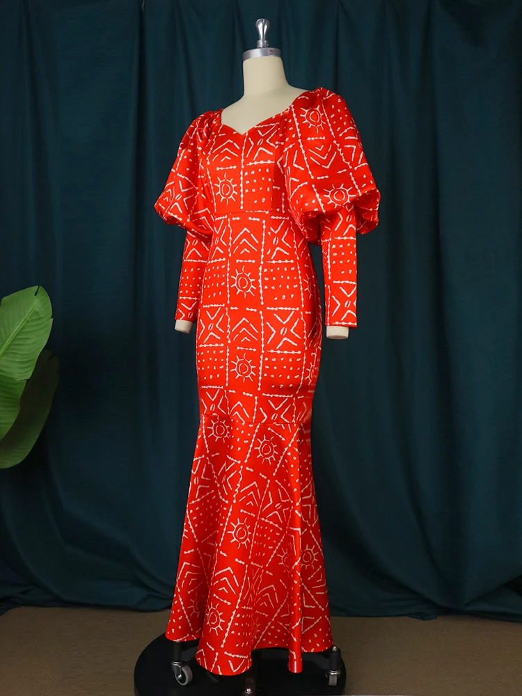 Red Printed Dresses for Women Plus Size 4XL Long Lantern Sleeve Package Hip Mermaid Long Prom Evening Birthday Event Party Gowns