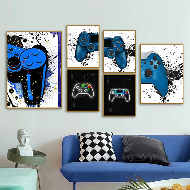 Aquarela gamepad preto e branco pintura em tela menino jogo ilustração  cartaz da parede arte imagem do gamer crianças decoração do quarto