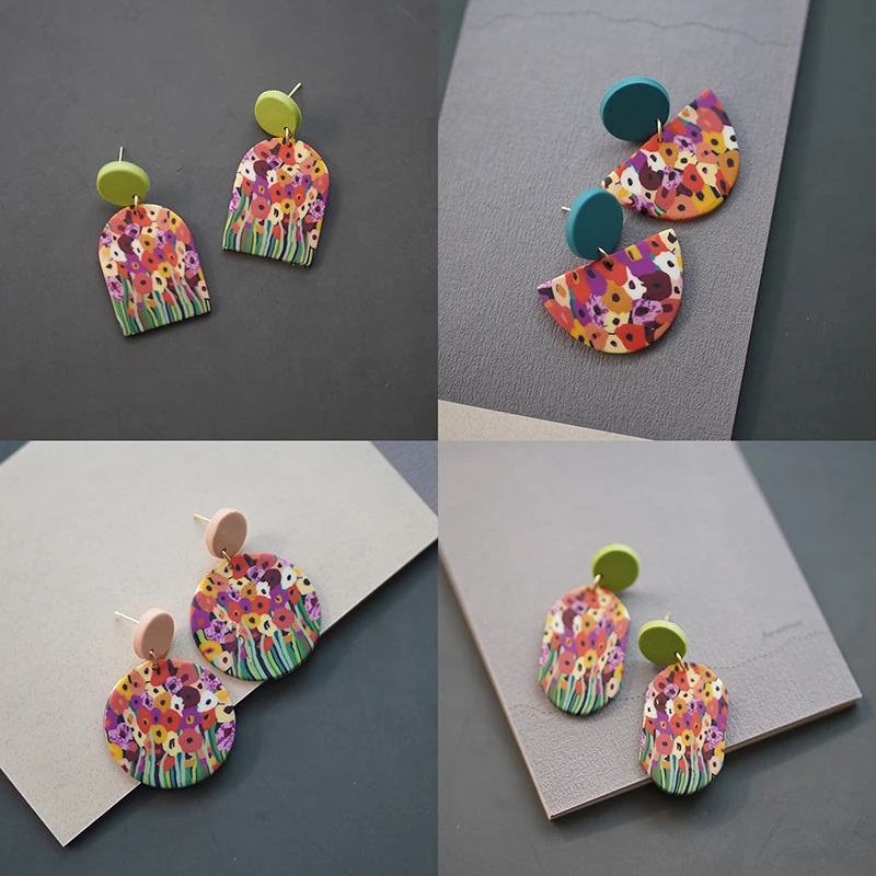 Hoop Earrings Stud Earrings Drop Earrings Dangle Earrings Crystal Earrings Long Earrings Pendant Earrings Geometric Earrings Acrylic Earrings Impressionisim Rainbow Garden Multi Shapes Bright Deep Colors Art Abstract Handmade Polymer Clay Statement Earrings Sets Party