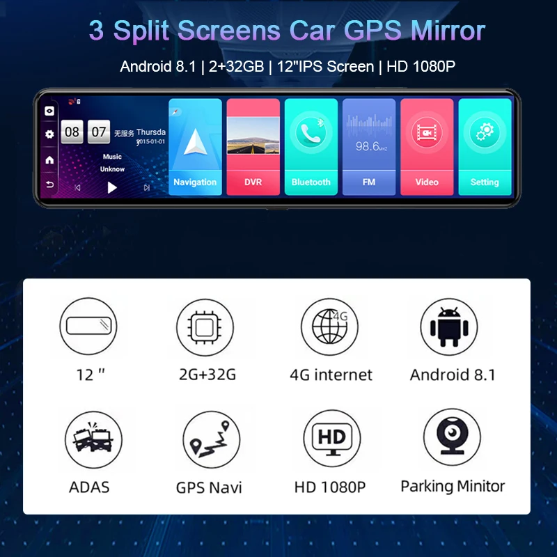 12 Inch Android 8.1 Rear view Mirror Triple Screen Car DVR 4G WiFi Dash Camera 2GB+32GB GPS Navigation 1080P Video Recorder