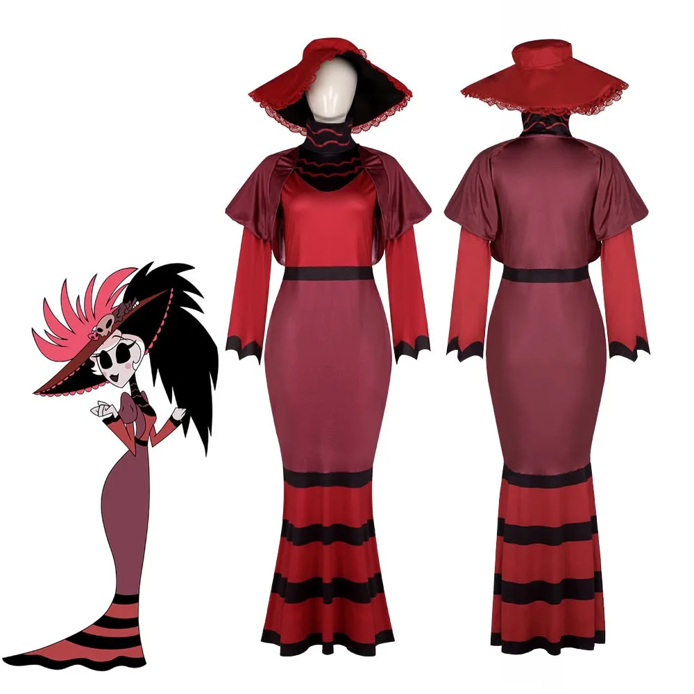 

Костюм для косплея аниме Hazbin Rosie, красное платье для гостиницы, головной убор с ремнем, полный комплект, Женский необычный костюм на Хэллоуин, униформа для ролевых игр