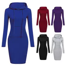 

Women Pullover Winter Solid Color Autumn Sweatshirt Long Hoodie Pocket Dress